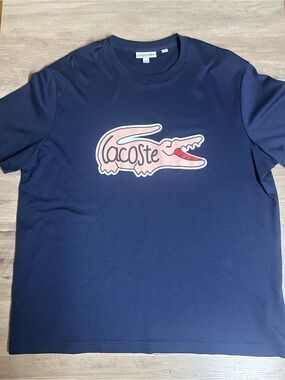 Lacoste Navy Short Sleeve Tee with Pink Crocodile Graphic